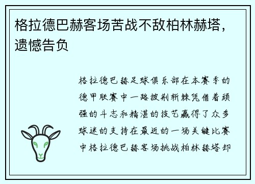 格拉德巴赫客场苦战不敌柏林赫塔，遗憾告负